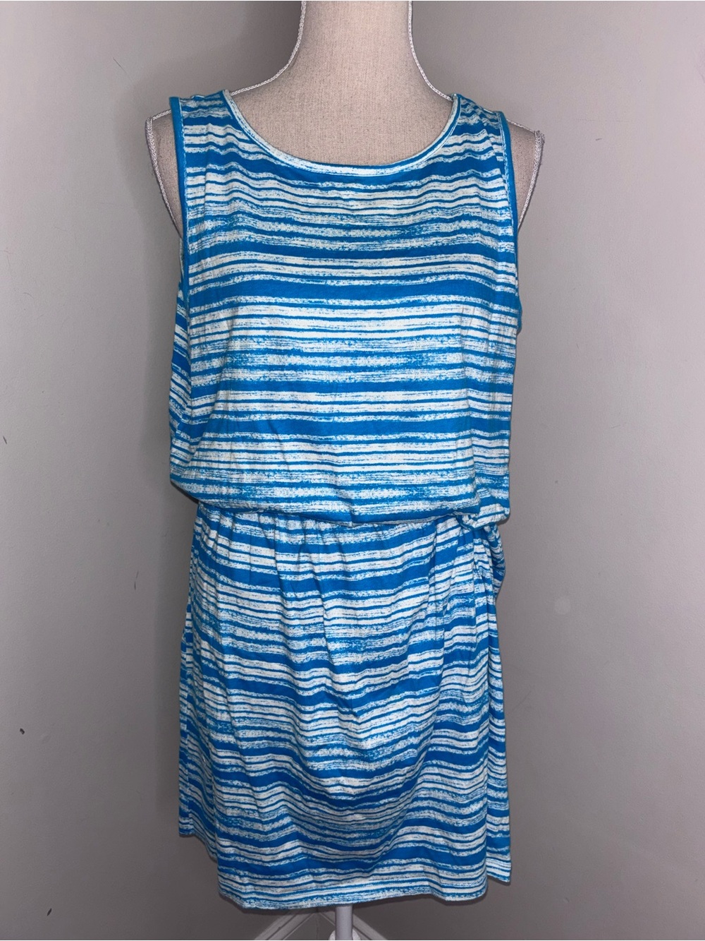 Kim Rogers aqua blue & white striped elastic waist sleeveless knit dress Large